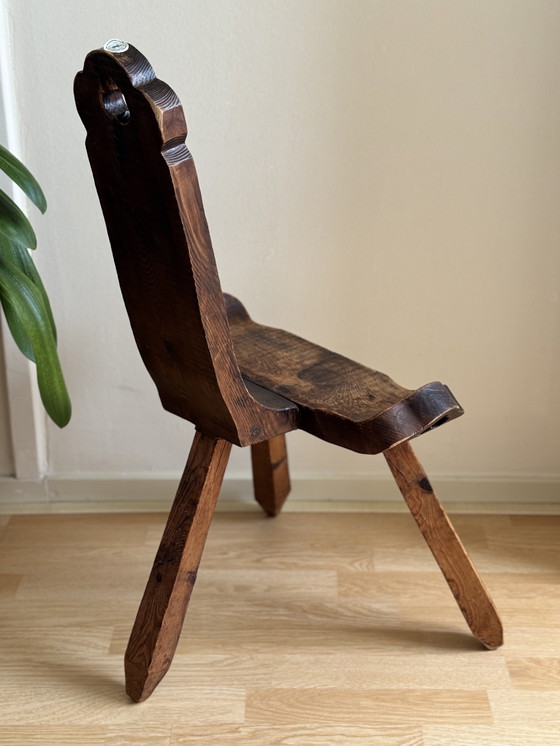 Image 1 of Vintage brutalist wooden tripod stool / side table