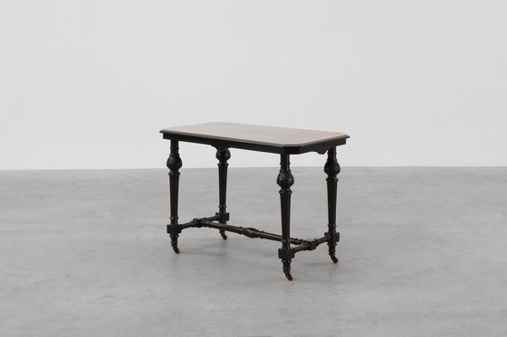 Image 1 of 19th Century English side table with geometric wood inlay by John Taylor & Sons