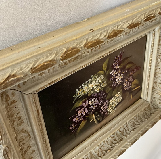 Image 1 of French Floral Oil Painting on Solid Wood Panel with Original Carved Frame, c. 1950