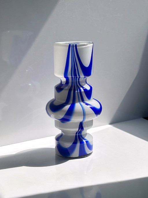 Vintage Carlo Moretti Vase Bleu Blanc Opalina Fiorentina Verre Italie 1970 1960 Swirl Mid Century