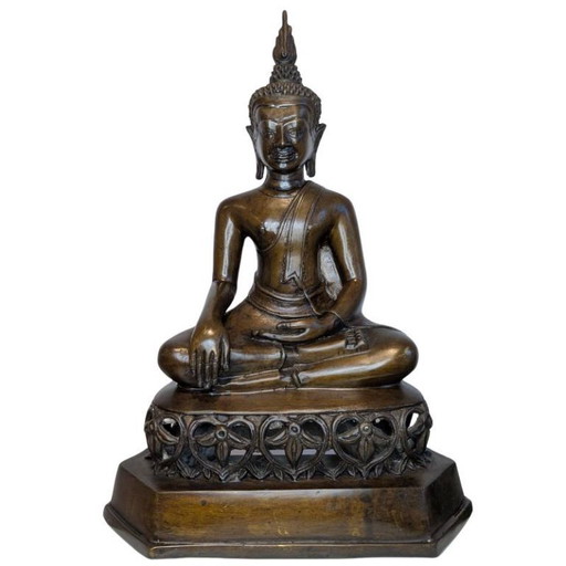 Antique Thai Bronze Buddha in Bhumisparsha Mudra – 119 – beeldhouwkunst