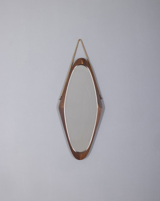 Vintage 1960s oval wall mirror in wood Italian design
