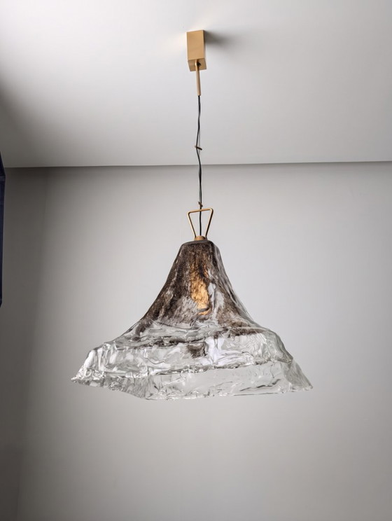 Pendant lamp with textured glass shade, Carlo Nason, Brass, Transparent, Mid Century Modern (photo 3 of 14)