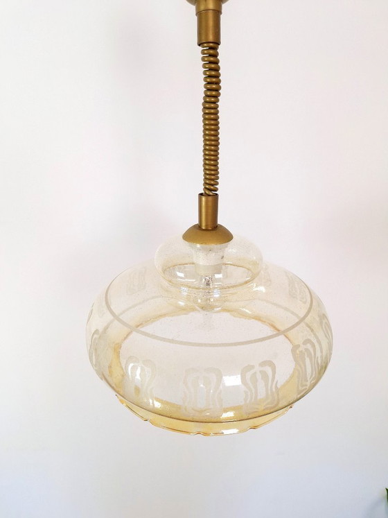 Image 1 of Vintage Amber Pendant Light / Retro Hanging Ceiling Lamp / Mid Century Style Lighting / Ruffled Edge Ceiling Lamp