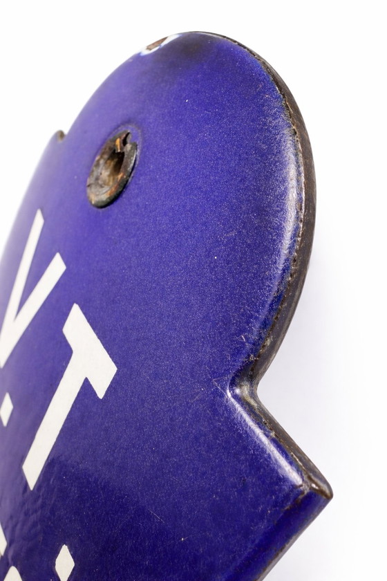 Image 1 of Set van 3 vintage Belgische blauwe emaille industriële borden – jaren 50 loftdecoratie