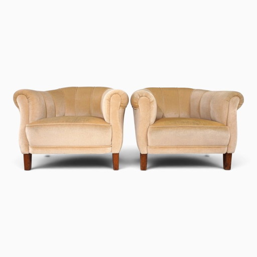 Een paar art-deco clubstoelen in champagnekleurig mohair, 1930 – fauteuils, Textile
