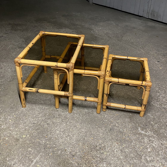 Image 1 of Bamboo and Smoked Glass Nesting Tables