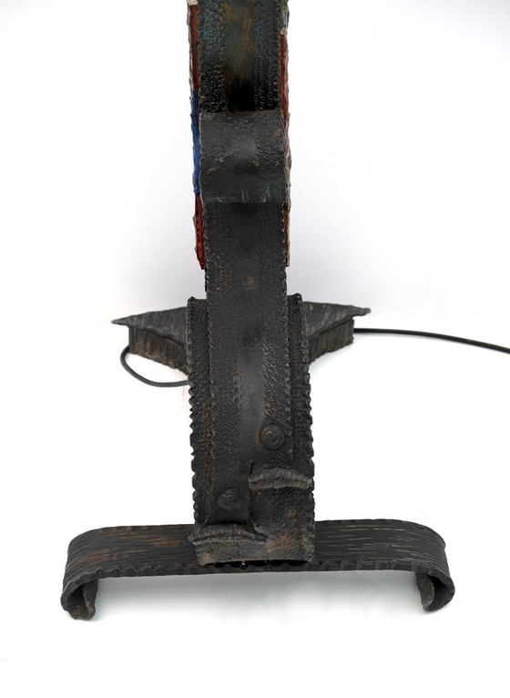 Image 1 of Poliarte Brutalistische italienische Stehleuchte aus Schmiedeeisen und farbigem Rohglas, 1960er Jahre