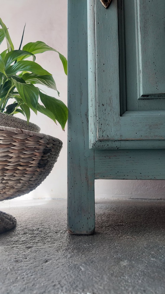 Image 1 of Antique jam cupboard with a sage green patina and solid wood finish