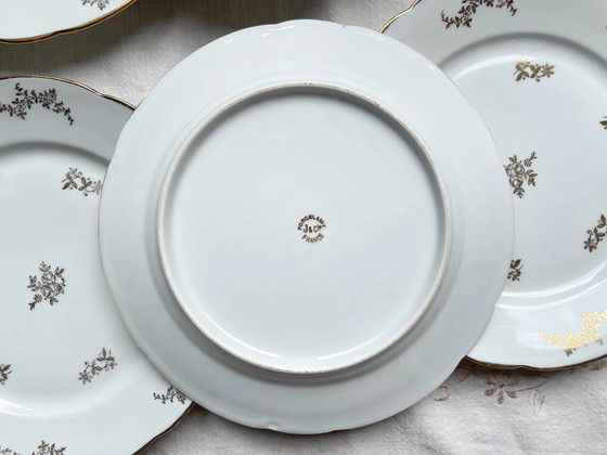6 J&Ciem France 1950 Witte vergulde florale porseleinen dinerborden – Servies, Porcelain (photo 5 of 9)