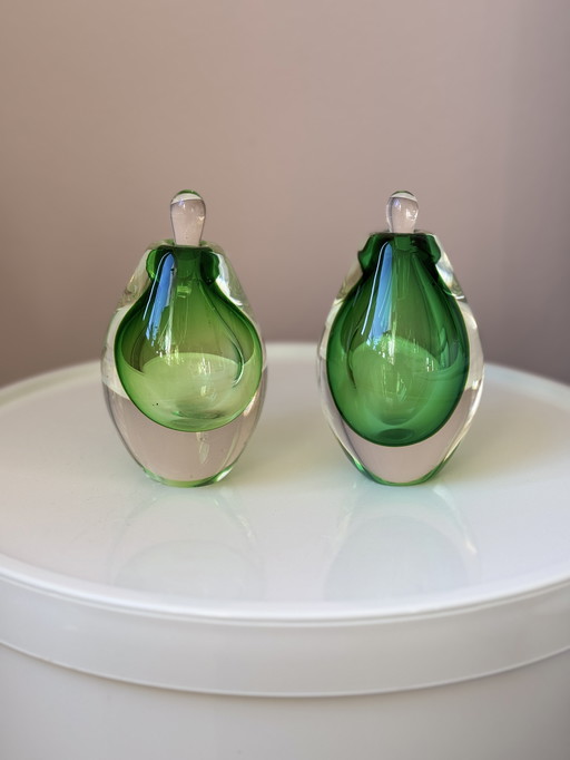 Set di bottiglie di profumo in vetro vintage, a forma di pera/goccia, verde – design scultoreo