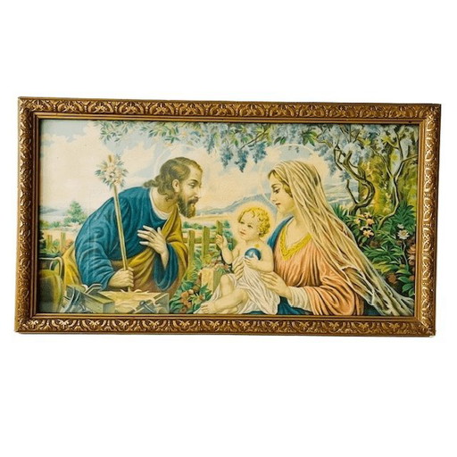 Vintage Religious painting lithograph Holy Family 1940s