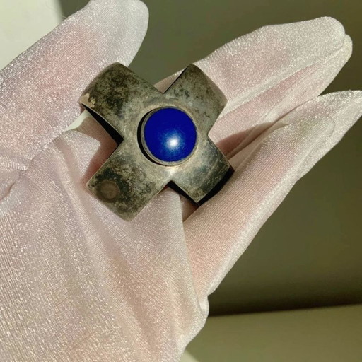 Antique Georg Jensen Era 1910-1925 Solid 925 Silver Maltese Cross Double Sided Lapis Lazuli & Onyx Hallmark GI