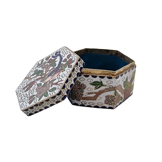 Image 1 of Sechseckige Cloisonné-Schmuckschatulle mit Vogelmotiv