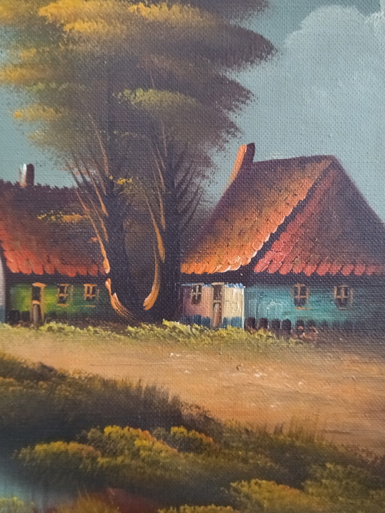 Image 1 of Vintage schilderij – Landelijk landschap – Cottagecore-stijl