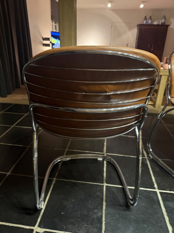 Dining set with glass table and six leather chairs, Rinaldi, Chrome, Brown, Mid Century Modern (photo 5 of 6)