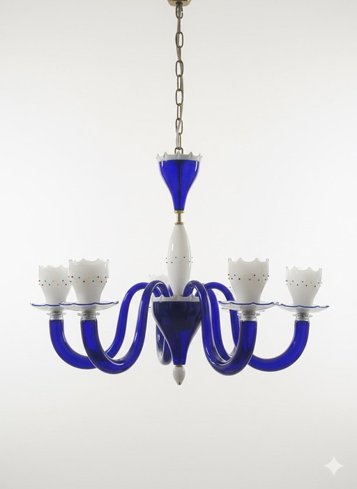 Lampadario de Majo Murano - Vetro Blu Cobalto e Lattimo - Firmato a Punta