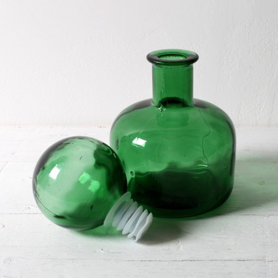 Image 1 of Vintage Emerald Green Glass Decanter / Genie Bottle with Stopper / Empoli / Italy / 1960s