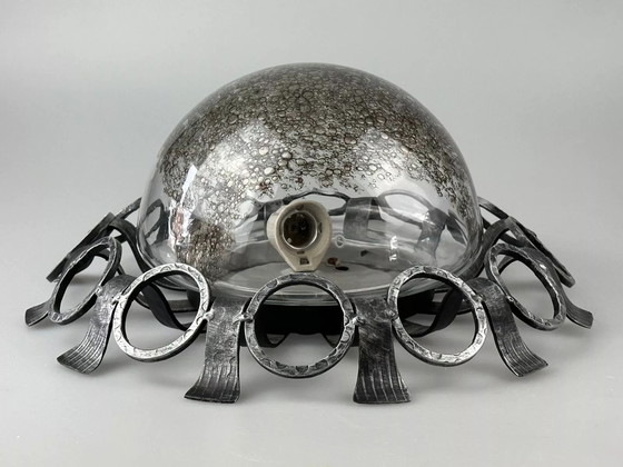 Image 1 of 60s 70s Brutalistische wandlamp of plafondlamp van ijzer & glas design