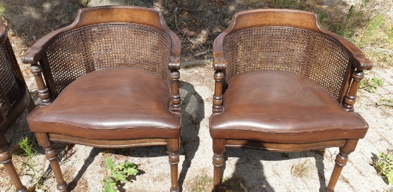 4 Sedie da Pranzo Classiche in Rovere con Braccioli e Pelle – Leather, Rattan (photo 3 of 5)