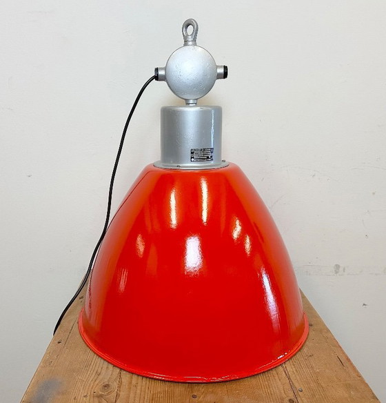 Image 1 of Large Red Painted Industrial Factory Lamp from Elektrosvit, 1960s