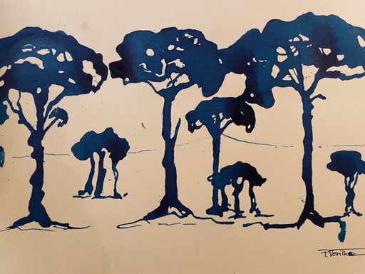 Gesigneerd monochroom aquarelschilderij "Dennenbos bij zonsondergang"