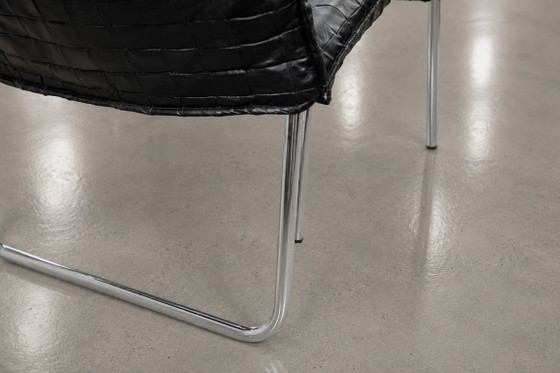 Image 1 of Set van 2 zwarte leren fauteuils met patchwork in Scandinavische stijl uit het midden van de 20e eeuw van Ikea, jaren 80.