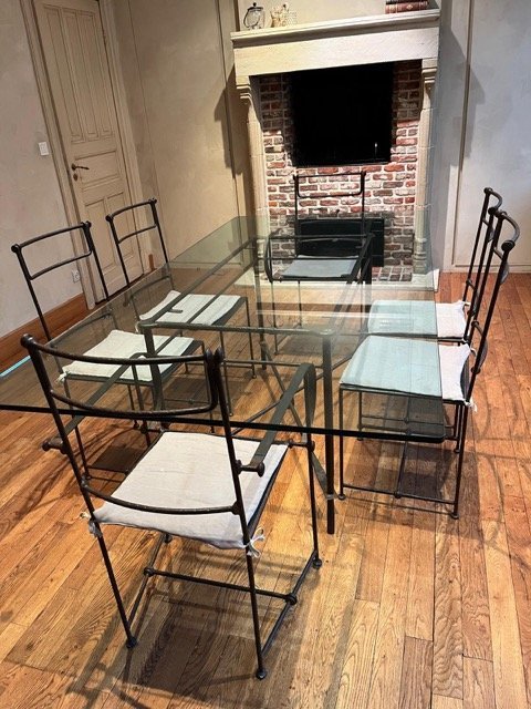 Table de salle à manger unique en fer forgé avec 6 chaises et plateau en verre