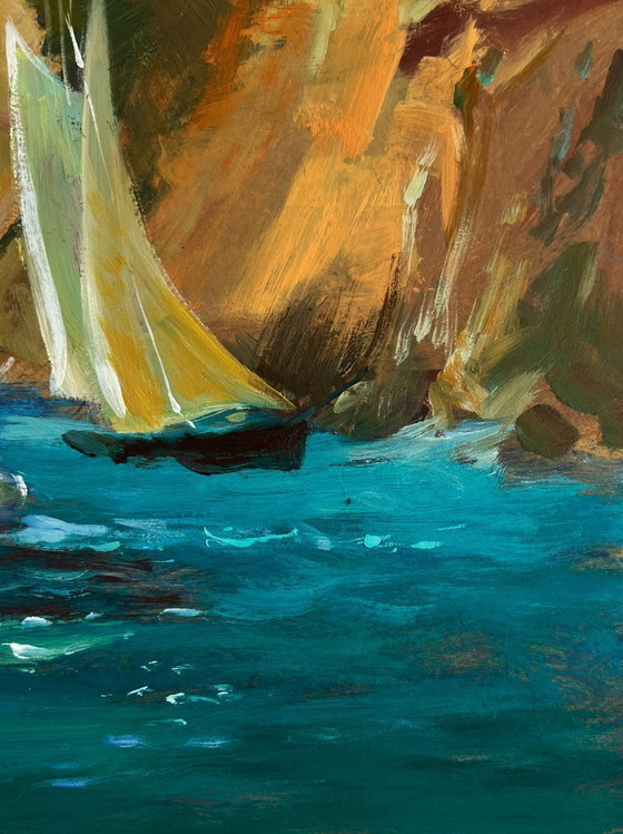 Image 1 of Original Oil Painting Sea Coastal Landscape Sailing away on a yacht