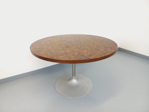 Vintage Round Tulip Dining Table by Dieter Wackerlin in Knoll Style from the 60s-70s in Wood Mosaic and Cast Aluminum