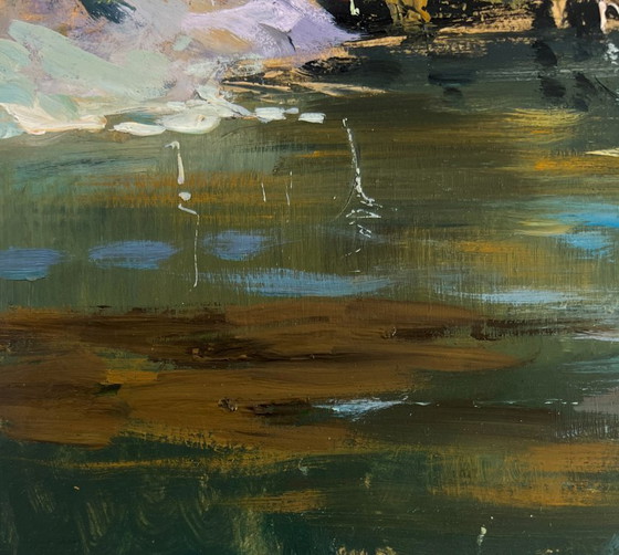 Image 1 of Original Oil Painting Summer River Landscape Small yacht club