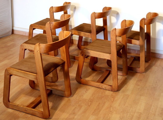 Image 1 of Chaises de salle à manger vintage Willy Rizzo pour Mario Sabot, velours marron, lot de 6, Italie années 1970