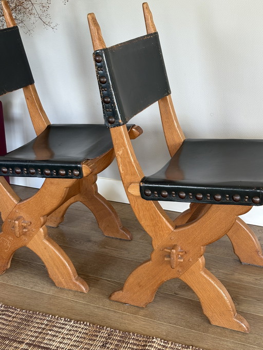 Vintage Satz Bram Sprij Stühle Eiche & Leder brutalistischen Stil