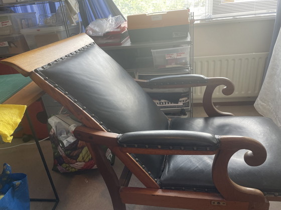 Antiker englischer Ledersessel mit verstellbarer Rückenlehne. – Verstellbarer relaxsessel, Wood, Leather (photo 5 of 6)