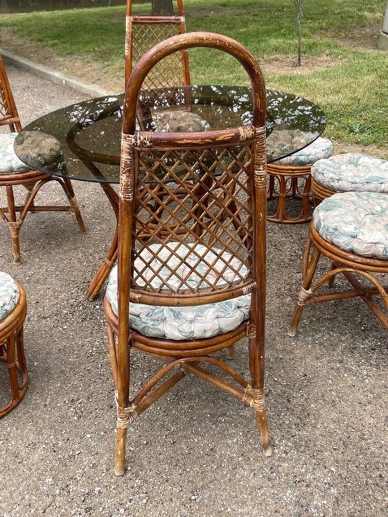 Image 1 of Set da pranzo vintage in rattan e vimini con tavolo in vetro, 4 sedie e 4 sgabelli