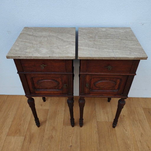 Set Vintage Antieke nachtkastjes bijzetkastjes marmer blad
