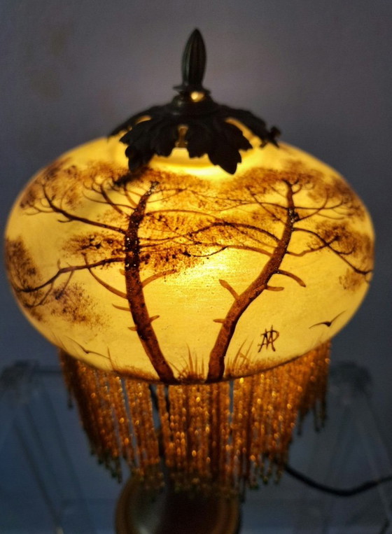 Image 1 of Antique Signed Reverse Painted Bronze Table Lamp, 1910-20