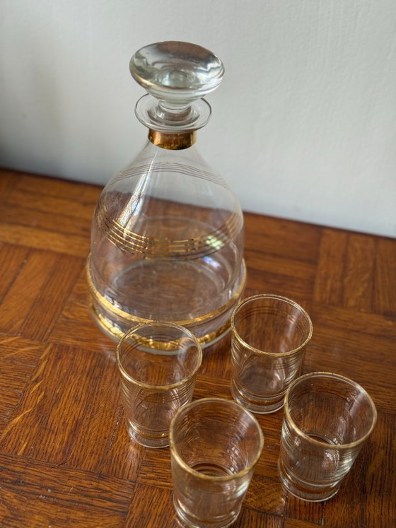 Image 1 of Art Deco style decanter and 8 gold-rimmed liqueur glasses