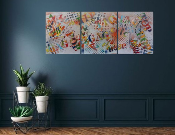 Image 1 of "Locution" - Zen and Colorful Triptych by 2LUSS'ART. A harmonious 140 x 55 cm format, composed of three F10 frames.