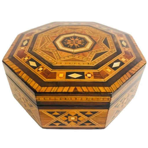 Octagonal jewelry box wood mother of pearl inlay geometric Khatam