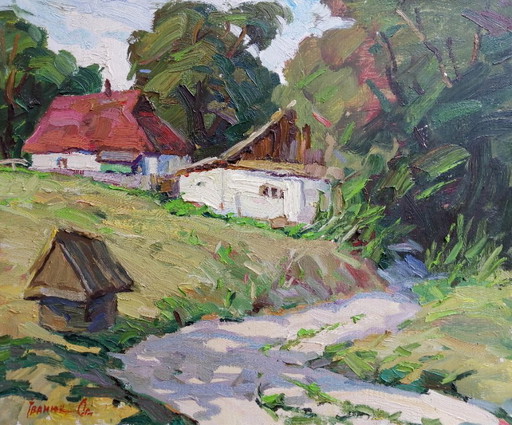 Peinture à l'huile originale Paysage rural Vie de village d'été Campagne Au-delà du puits