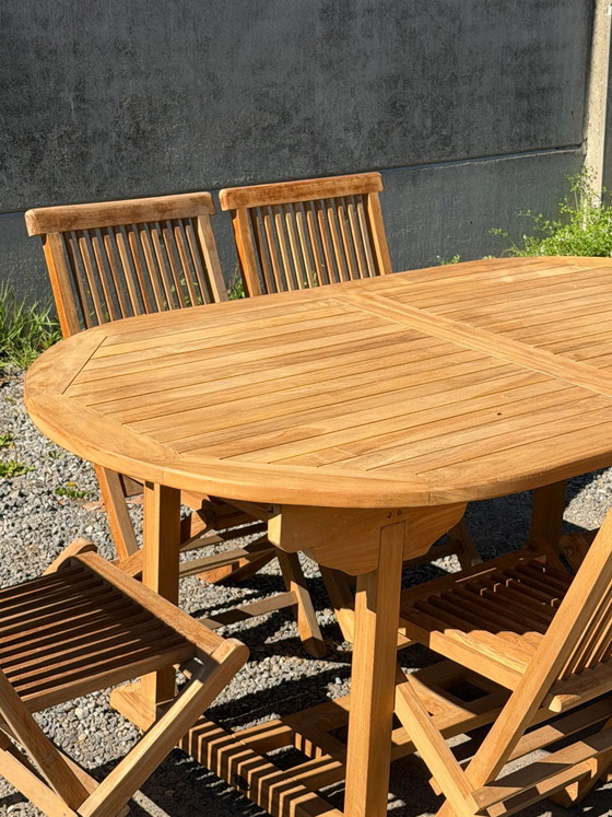 Mesa de jardín ovalada extensible de teca + 6 sillas plegables – Set promocional – Conjuntos de jardín (photo 8 of 10)