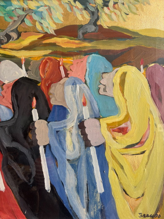 Ölgemälde auf Leinwand „Die Prozession“ von Saverio Terruso, 1970er Jahre – Gemälde & Zeichnungen, Canvas (photo 5 of 9)
