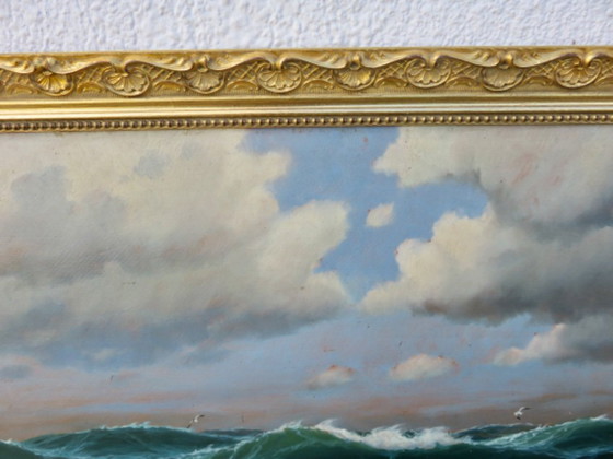 Image 1 of Dipinto incorniciato raffigurante un oceano molto agitato 45 cm x 76 cm