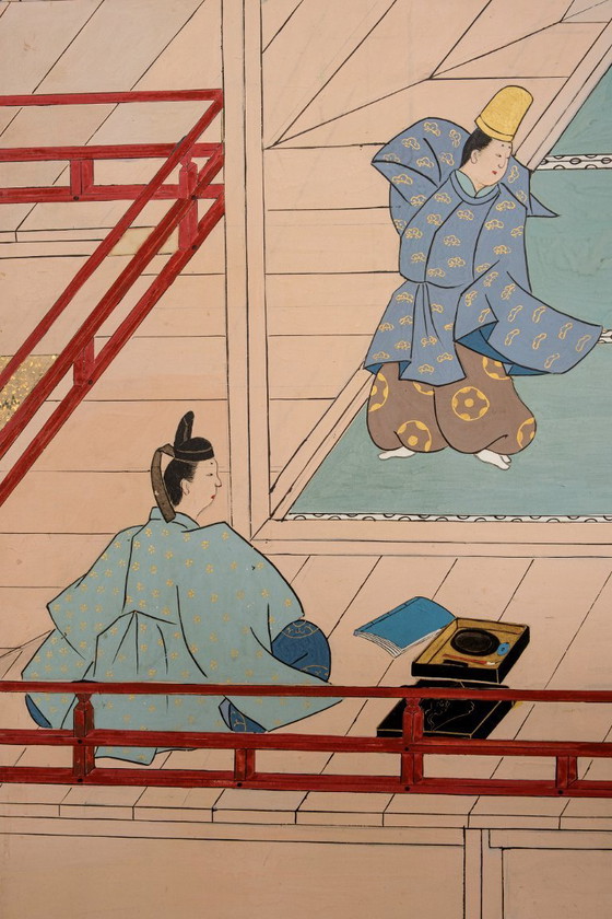 Image 1 of Antico paravento giapponese a sei pannelli con raffigurazione della storia di Genji.