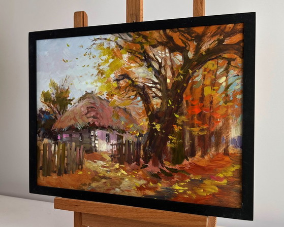 Image 1 of Original Oil Painting Autumn Village Landscape Street in golden leaves
