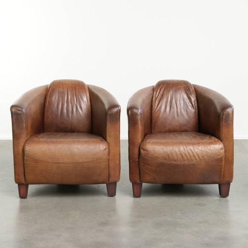 2x Characterful Vintage Cowhide Aviator Design Armchairs in Grained Leather in a Beautiful Cognac Color