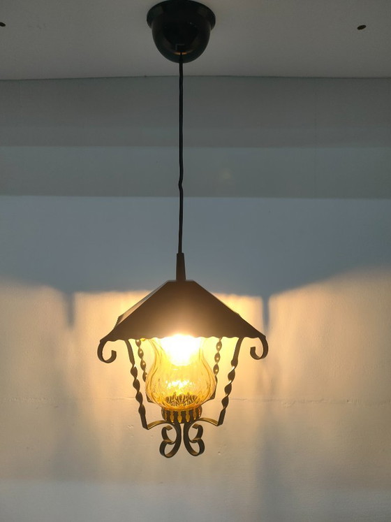 Image 1 of Massive lantern pendant lamp with amber ribbed glass