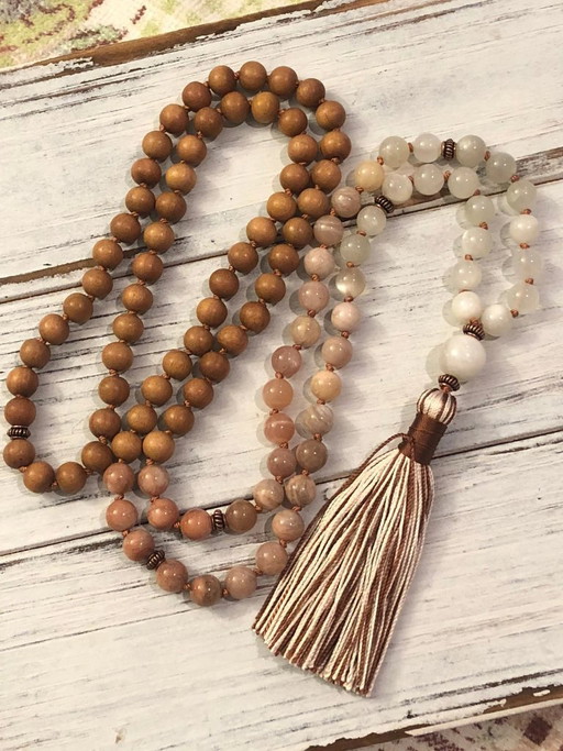 Divine Sandalwood Moonstone Mala, 108 Mala Beads, Buddhist Prayer, Meditation, Femine Energy, Goddess, Awareness Tranquility Div