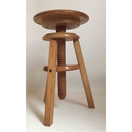 Vintage beechwood screw-down workshop stool, 1950